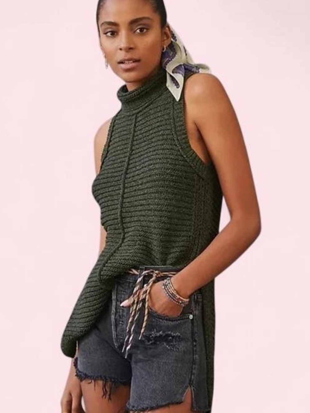 Anthro Pilcro Olive Ribbed Turtleneck Sweater Vest Tunic Small